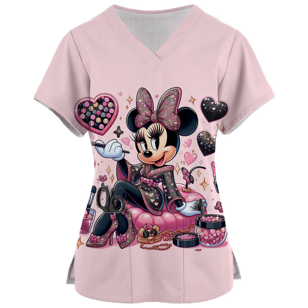 2024 New Minnie Mouse Print Nurse Medical Uniforms V-neck Short Sleeve Pocket Workwear Top Scrubs Medical Accessories Uniform
