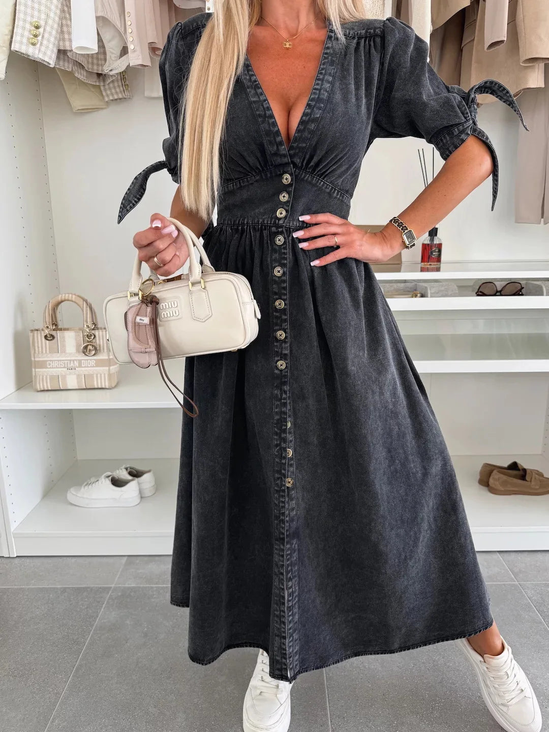 Sexy V-neck Long Single-Breasted Denim Dress