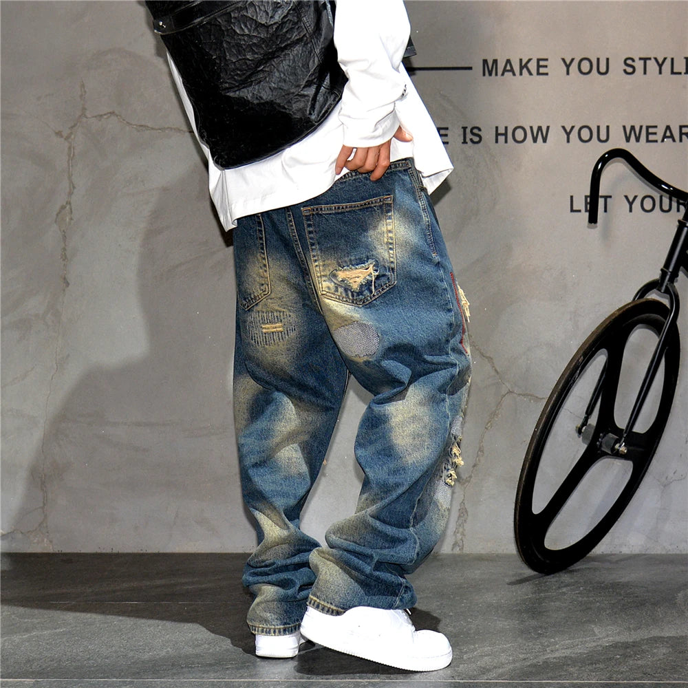 American Streetwear Ripped Patch Jeans Hip Hop Baggy Jeans Mens Clothing Vintage Denim Cargo Pants Japanese Harajuku Trousers