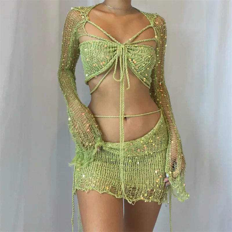 Sexy Sequined Knitted Sweater Party Dresses 3 Piece Skirt Sets Womens Outfits Flare Long Sleeve See Through Clue Wear Dress