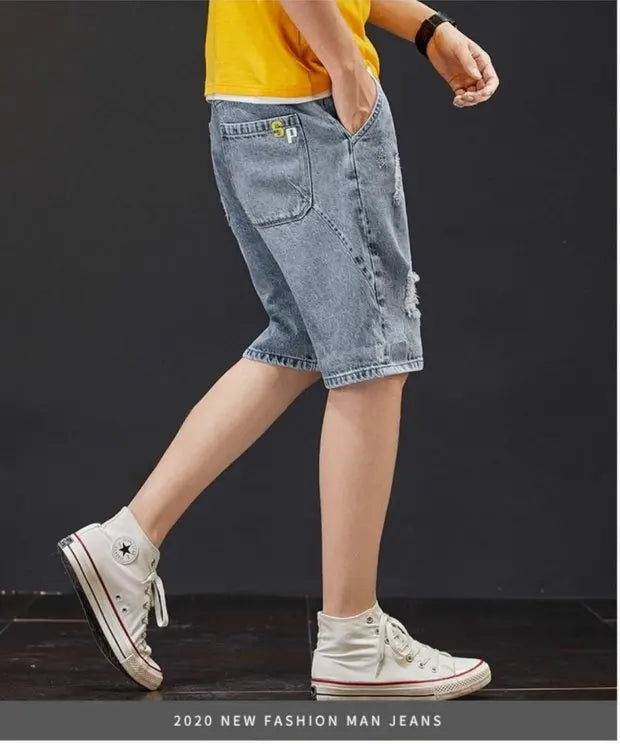 Summer 2025 Light Blue Ripped Cat Whisker Patch Letter Print Slim Denim Shorts Teenagers Jeans Boys and Girls Cowboy Short Pants