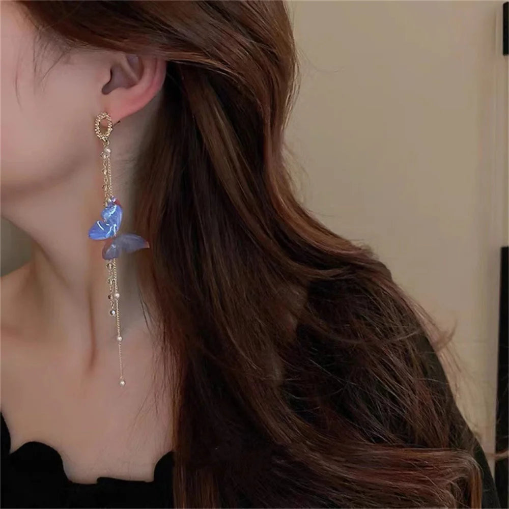 New Luxury Women Zircon Crystal Pearls Long Tassel Butterfly Earrings