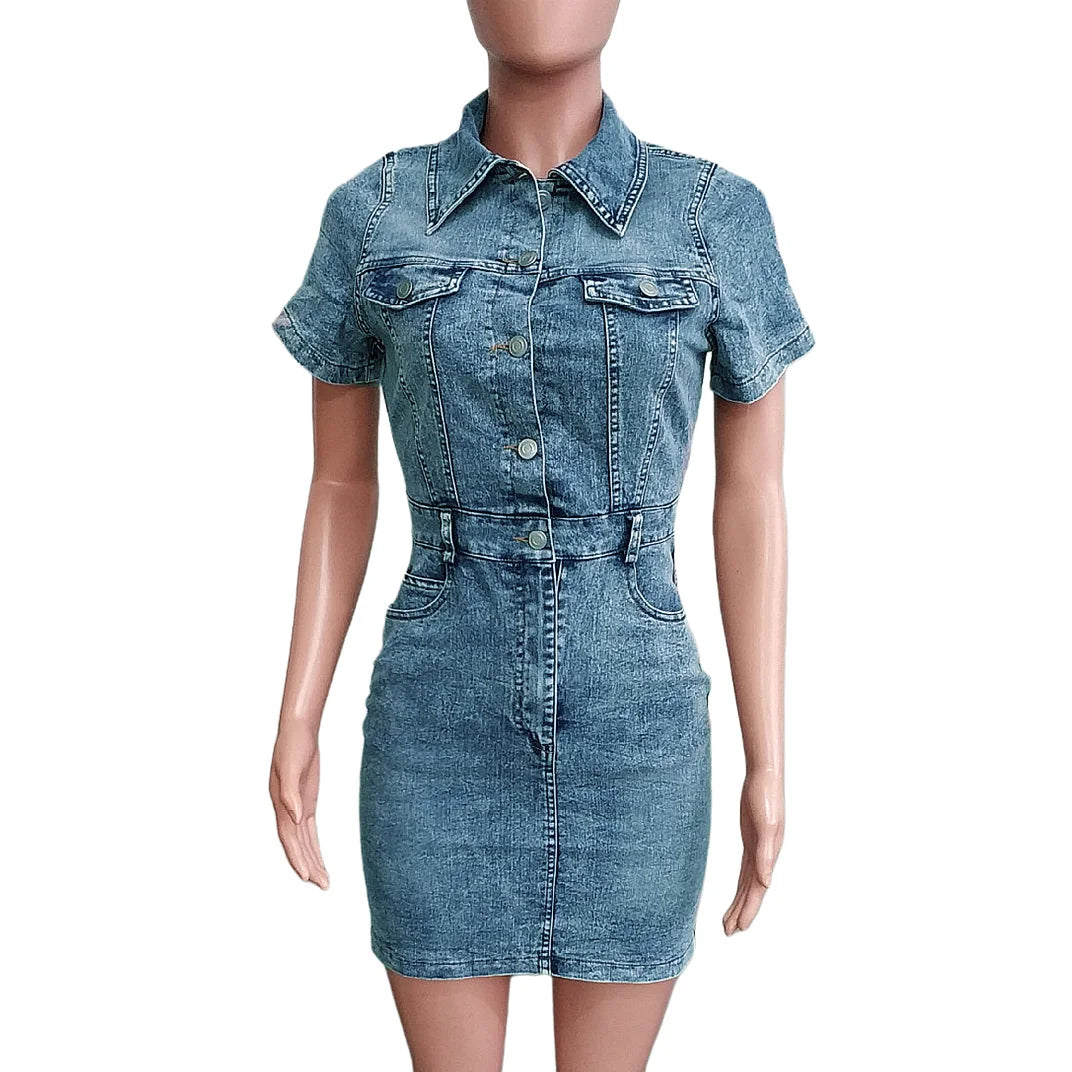 FAGADOER Y2K Denim Dress Mini Fashion Short Sleeve Stretchy Jean Cowboy Cargo Pockets Vestidos Cool Girl Streetwear Clothing new