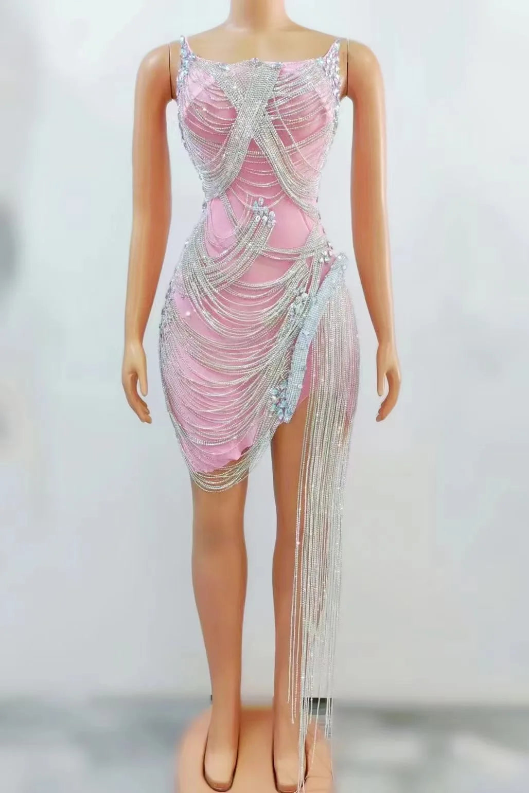 STOCK Sparkly Rhinestone Fringe Dress Women Sexy Birthday Wedding Party Prom Drag Queen Costume Outfit Stage Wear Festival