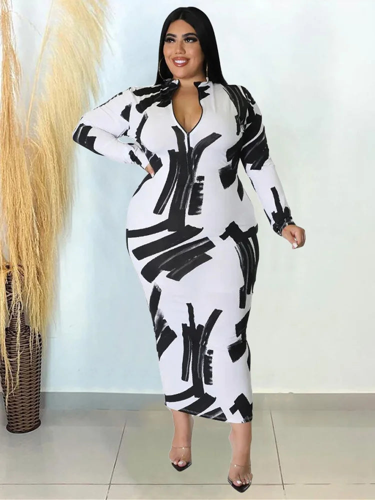 Wmstar Plus Size Dresses Tie Dye Bodycon Women Clothes Long Sleeve Zipper Back Casual Fashion Maxi Dress Wholesale Dropshipping