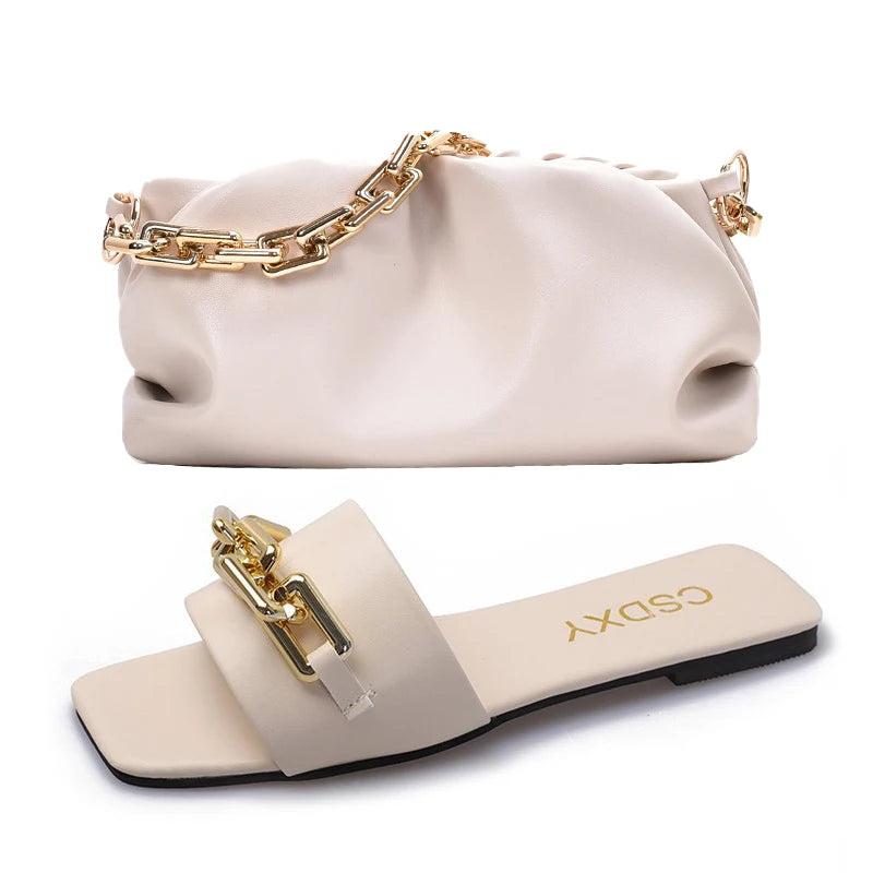 High Quality Purse And Chain Flat Sandals Sets