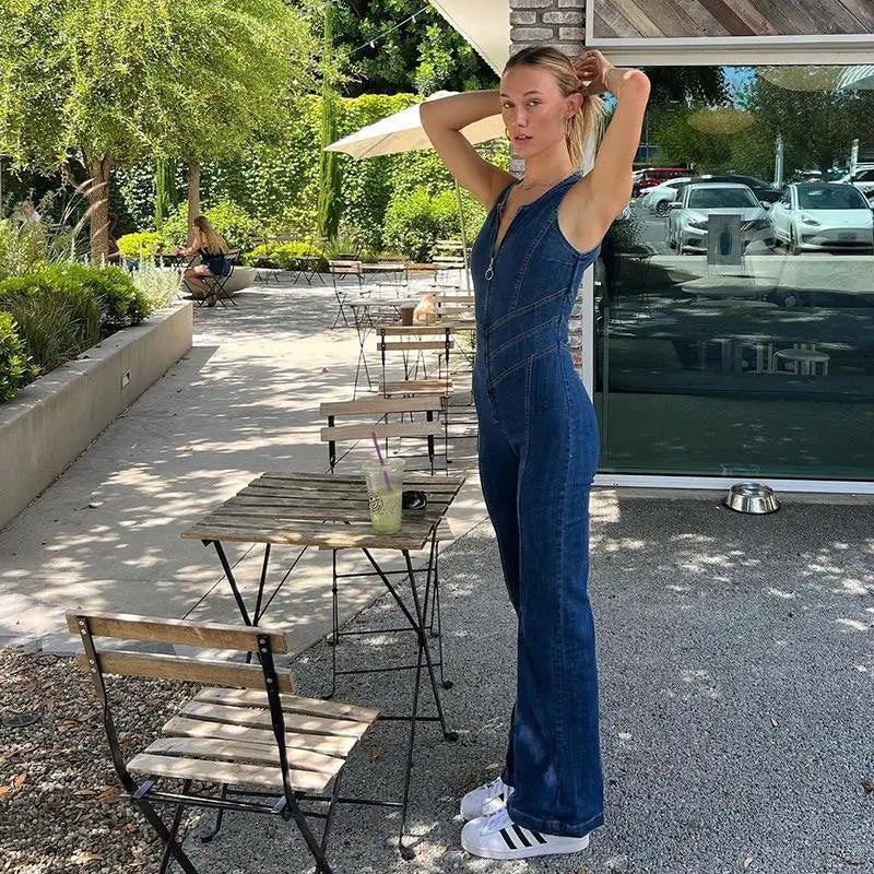 2025 New Women's Spring Summer Sexy Sleeveless Backless High Waisted Micro Flared Denim Jumpsuit