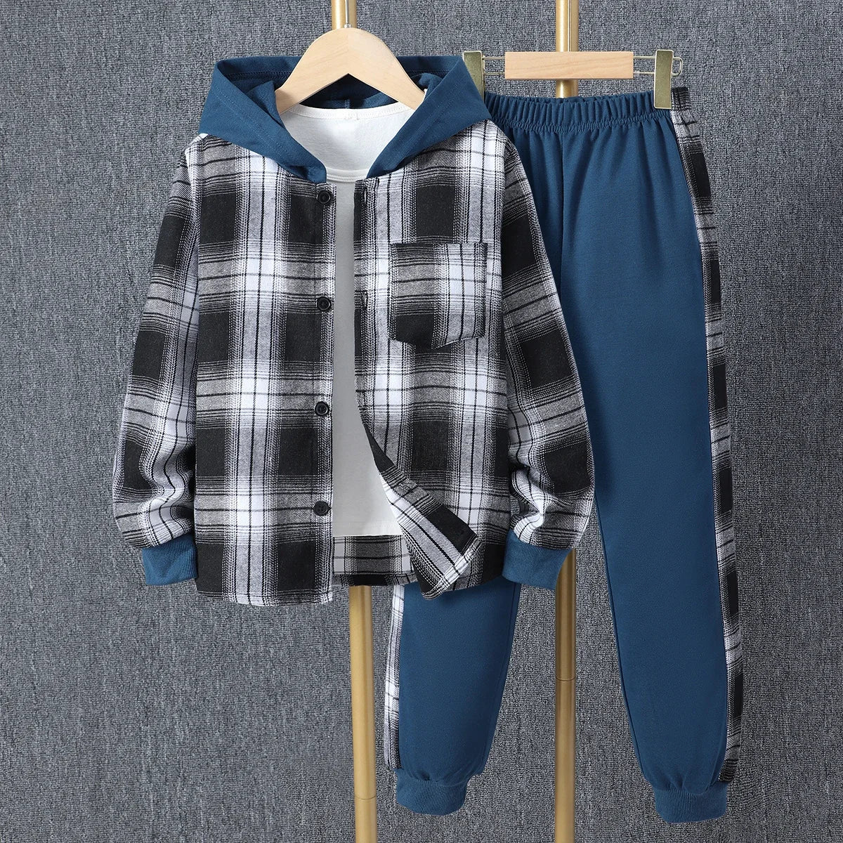 Kids Boys' Autumn Casual Checker Hoodie Set