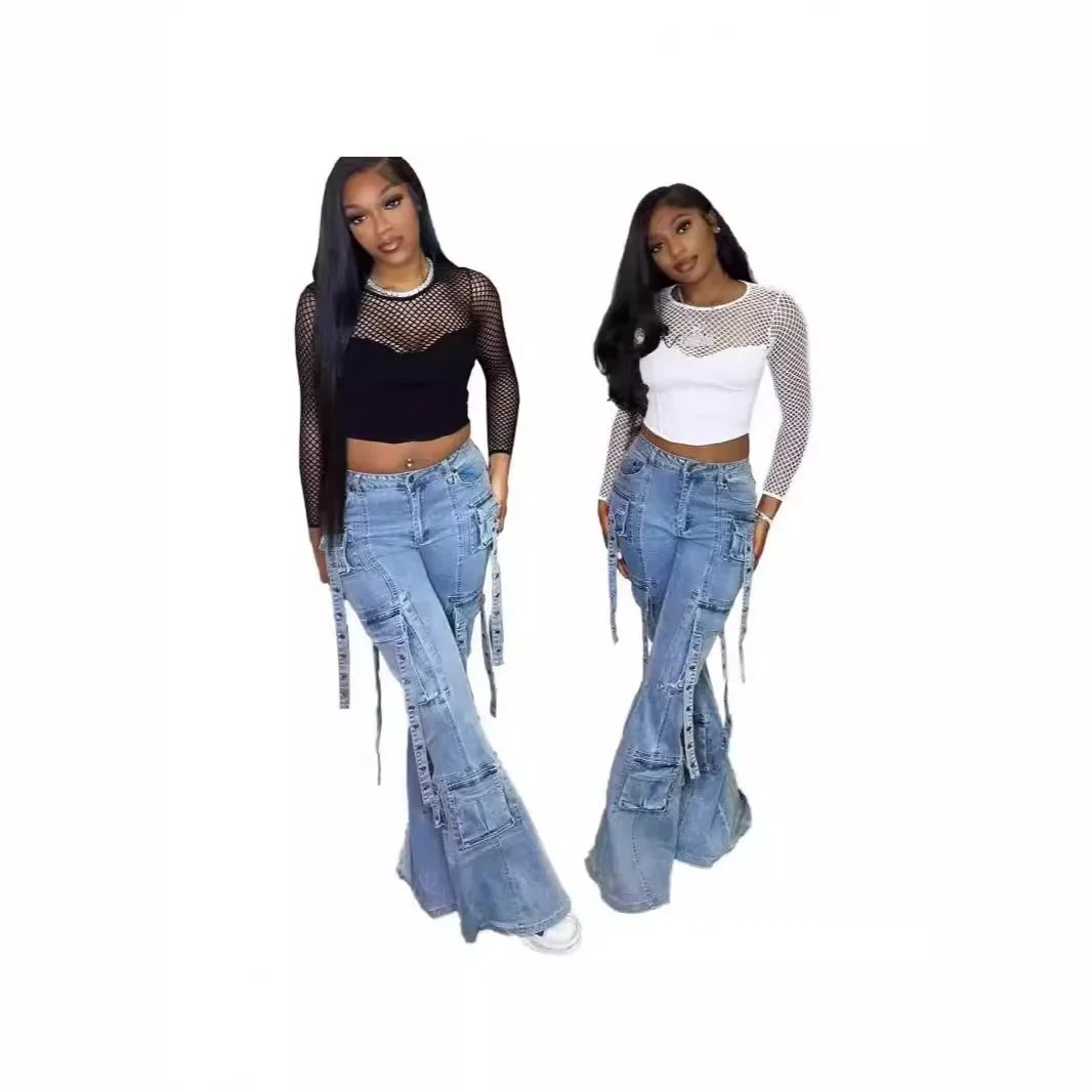 Y2K Women Flare Jeans Zipper Fly Stretchy Cargo Pants 2024 Autumn New Popular Streetwear Sexy Club Party Denim Pants Outfits