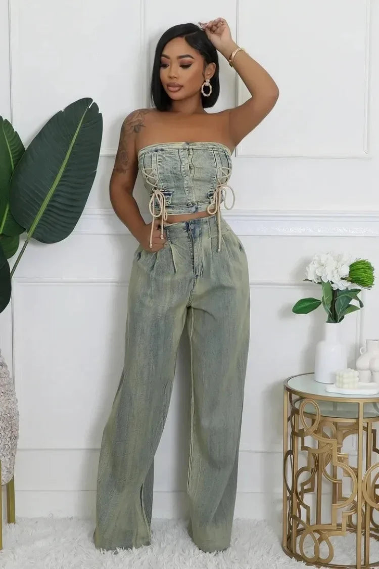 Leosoxs Denim Women's Set Sleeveless Strapless Top +Loose Jeans Pants 2024 Fall Lace Up Street Two 2 Piece Set Outfits Tracksuit