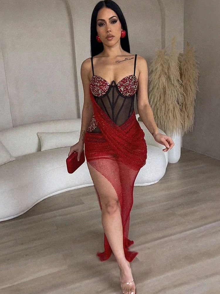 Luxury Irregular Lace Rhinestone Fish Bone Mesh Spaghetti Strips Slim Split Long Party Women Sexy Birthday Wedding Guest Dress