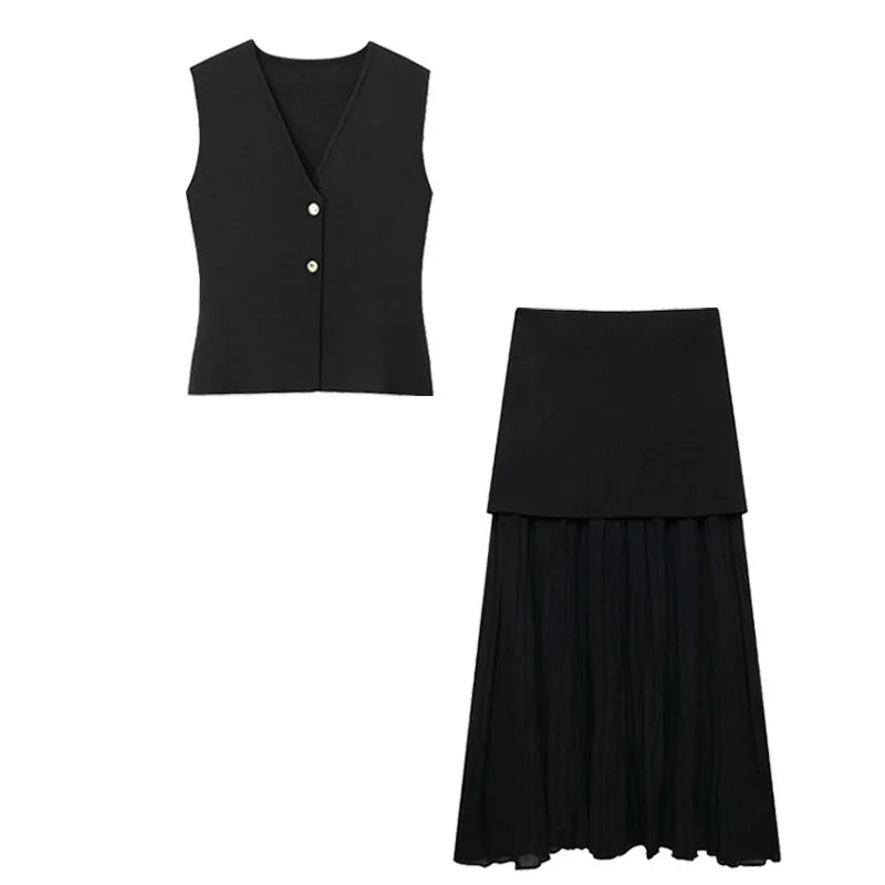 Women 2 Piece Set Knitted Vest High Waist Skirt