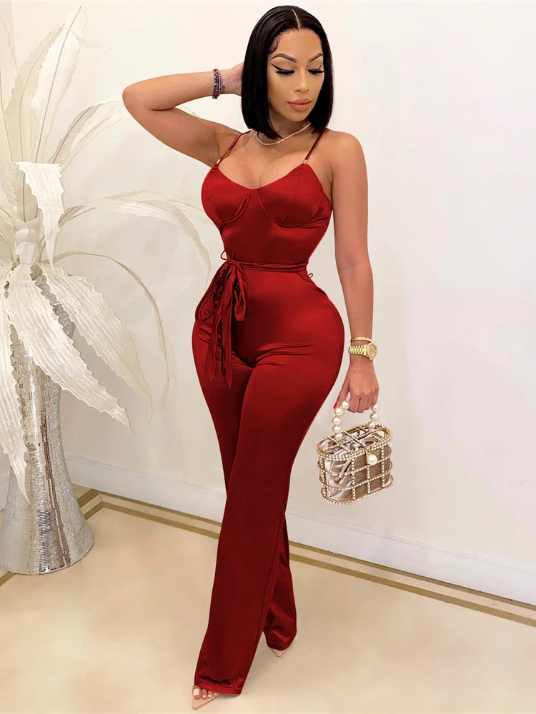 HBLL Women's Sexy Jumpsuits Clubwear Elegant Party Rompers High Waisted Wide Leg Pants One Piece Sleeveless Jumpsuit with Belt