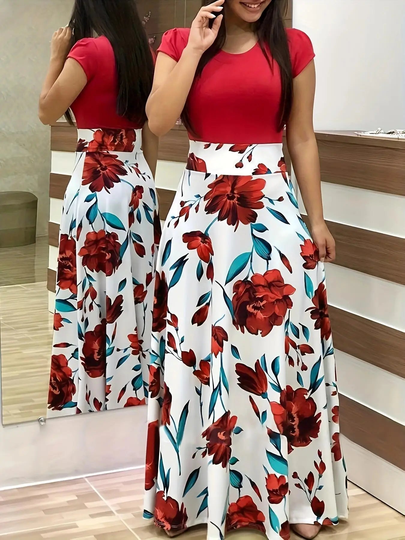 Flower Print Short Sleeved Dress