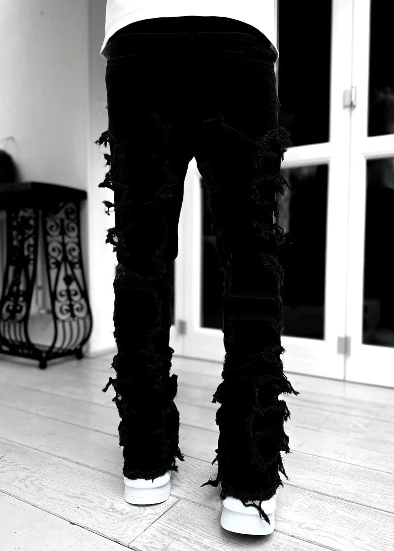 2024 Spring Summer New Men's Clothing Fashion Solid Color Elastic Patch Denim Straight-Leg Pants Jeans