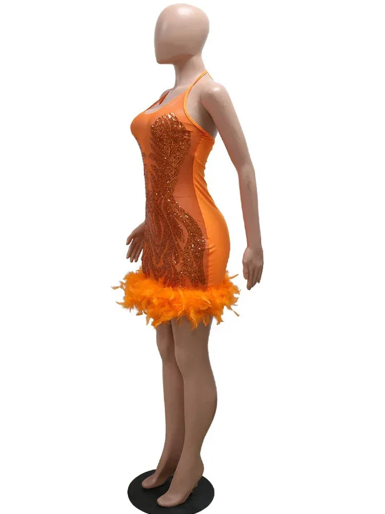 Beautiful Mesh Sequin Feather Glam Dress Luxury Woman Party Dress Glitter Sleeveless Night Out Dresses Birthday Outfits