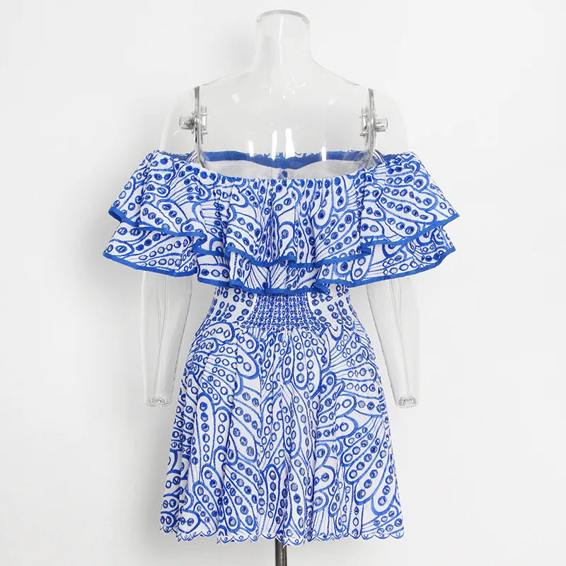 JAMERARY Women Dress Summer Runway Cut Out Double Layer Ruffles Embroidery Elastic Waist Short Party Vestidos Holiday Beach Wear