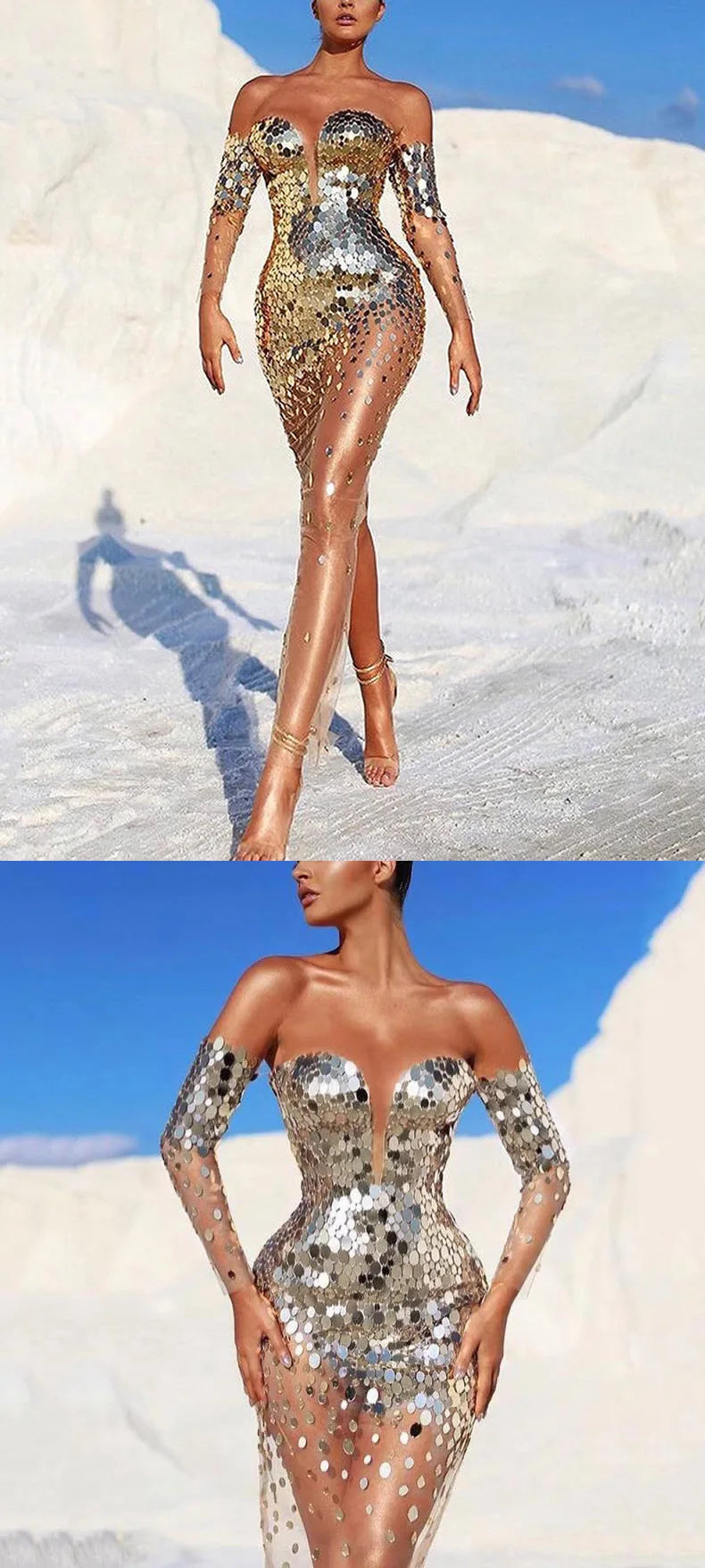 Sequin Off Shoulder Silver Dress Elegant Sexy Mesh See Through Bodycon Dress Women Luxury Summer Clothes Long Evening Club Dress