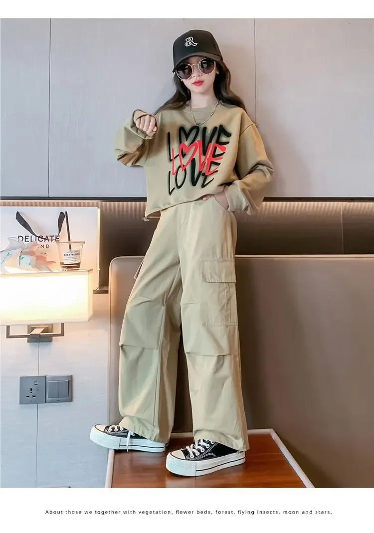 2025 spring autumn Kids tracksuit Children set Girls Clothes loose T-Shirt + wide leg Cargo Pants Teenager 4 5 6 7 10 11 12 year