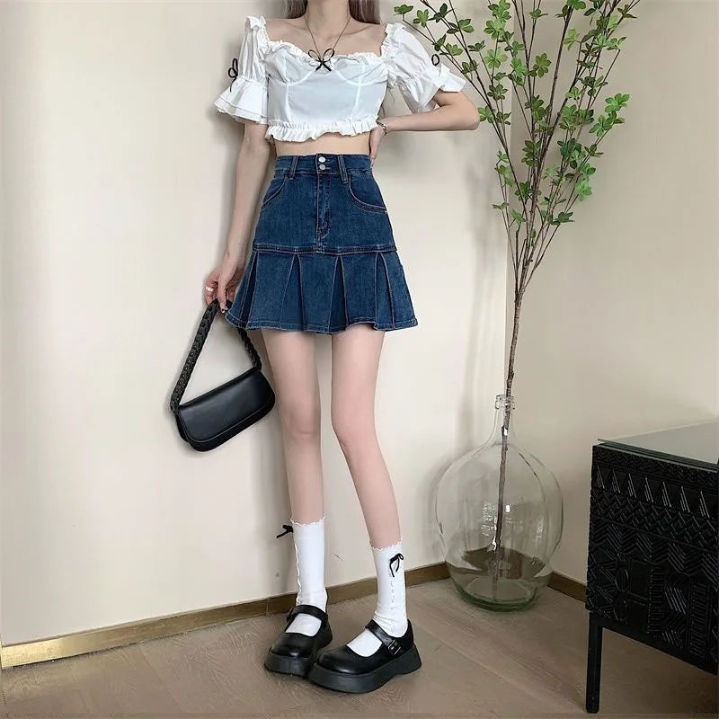 Lucyever Korean Style Women's Mini Denim Skirt Fashion High Waist A-Line Jean Skirts Woman 2025 Summer New Street Pleated Skirts