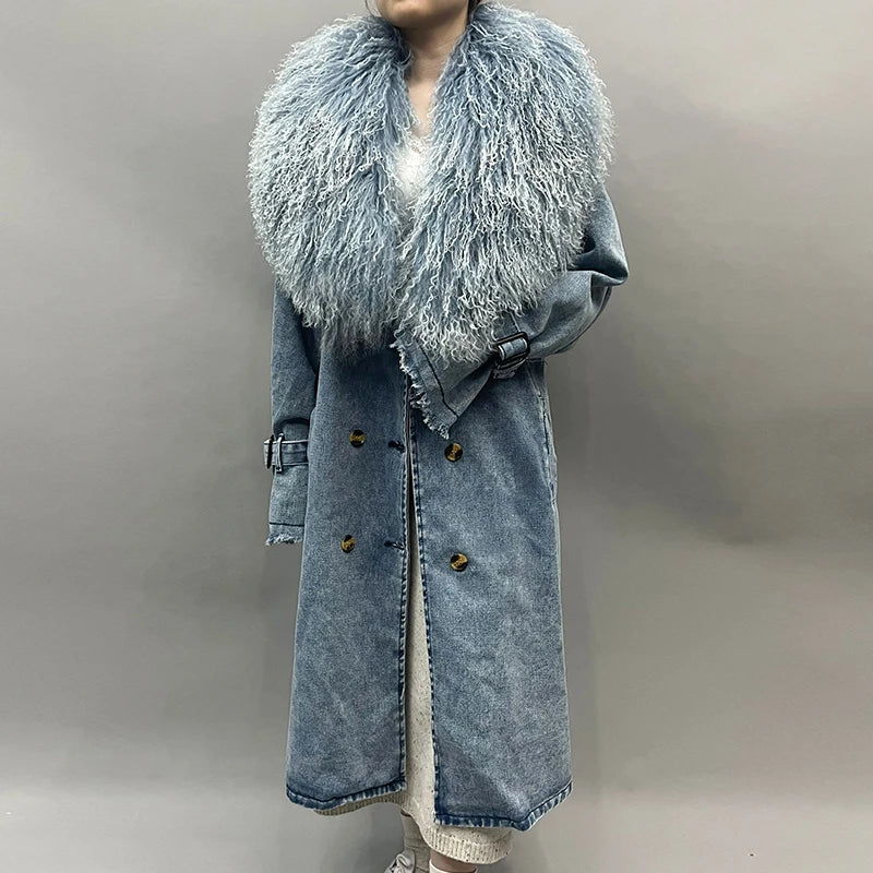 Lady Fashion Mongolian Fur Collar Denim Jacket Spring Autumn Long Trench Coat with Fur Detachable Collar