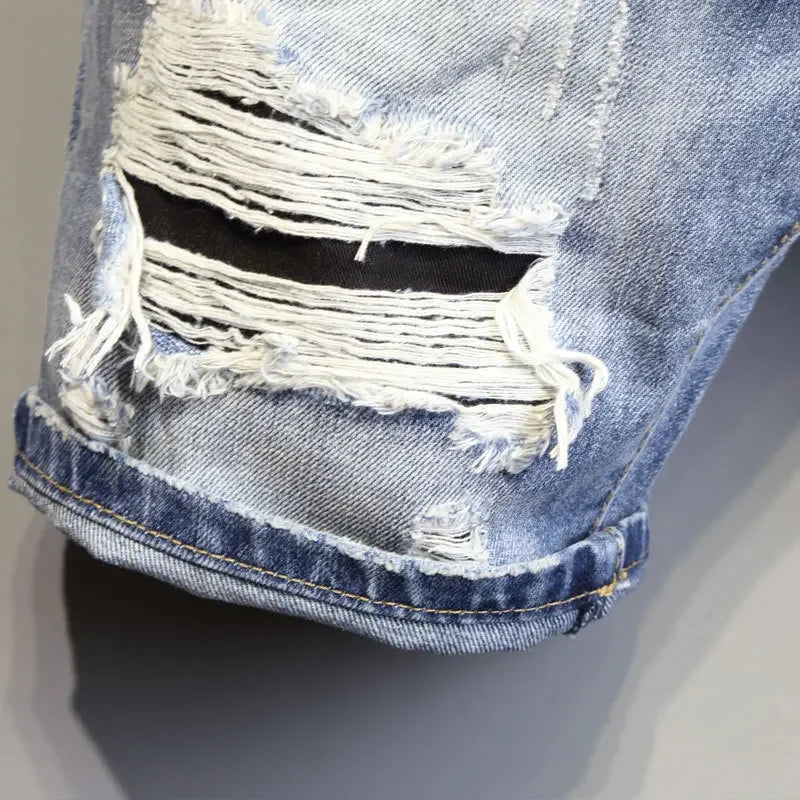 Summer 2025 Light Blue Ripped Cat Whisker Patch Letter Print Slim Denim Shorts Teenagers Jeans Boys and Girls Cowboy Short Pants