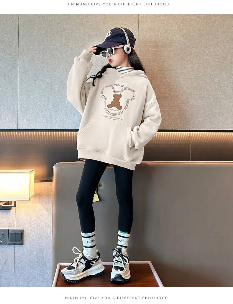 2025 girls clothes autumn winter sweatshirt bear t-shirt hooded + stretch pants leggings teens children set 8 9 10 11 12 year