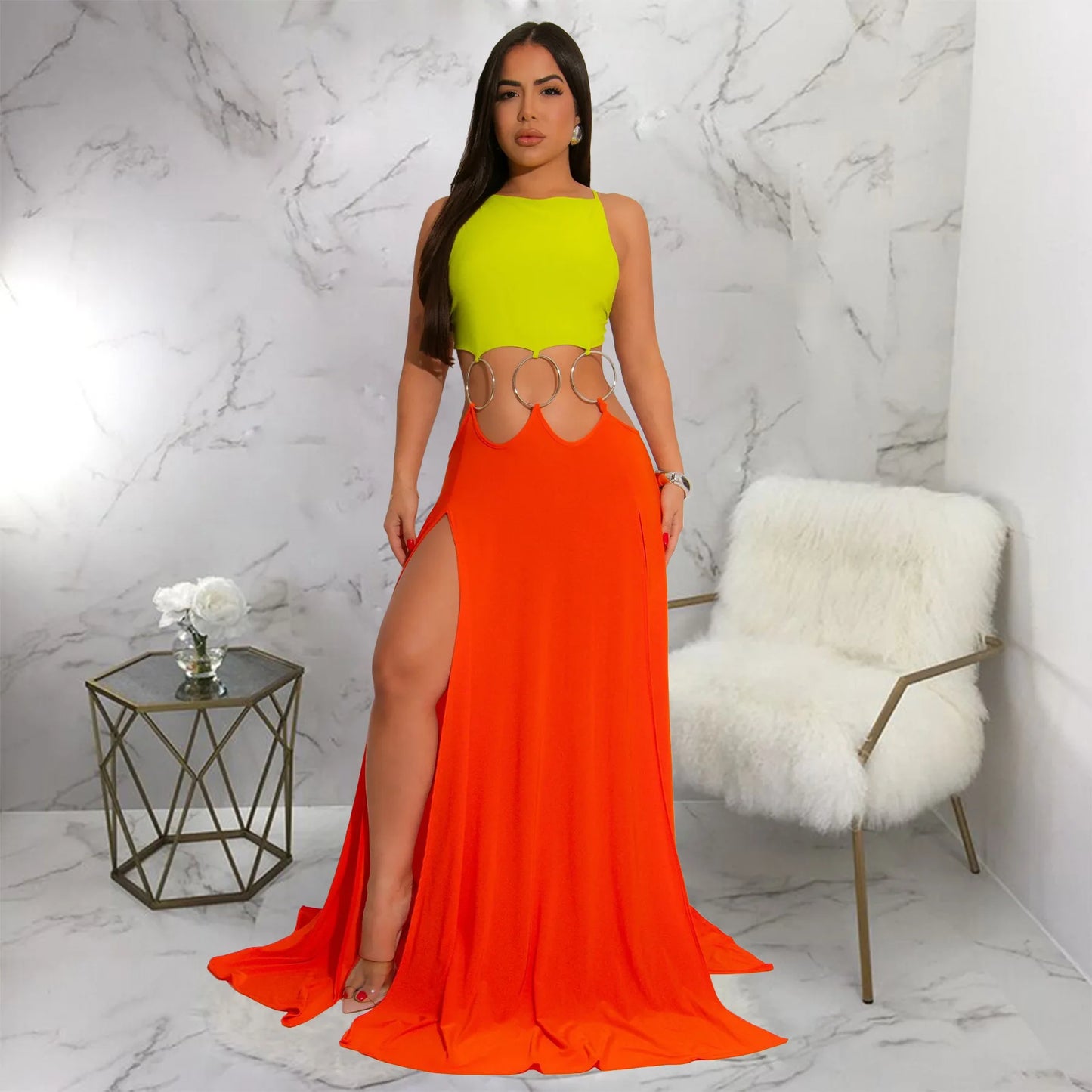 CM.YAYA Women Strap Backless Big Swing Split Maxi Long Dress 2025 Hollow Out Birthday Sexy Club Party Evening Dresses Vestidos