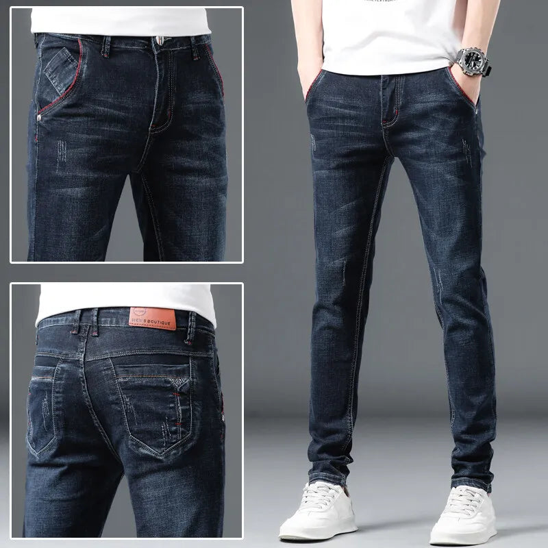 Slim Boys Blue Jeans, Black Men's Fashion Casual Trousers, Gray Denim Pants, Asian Size 28-38, Men Jean