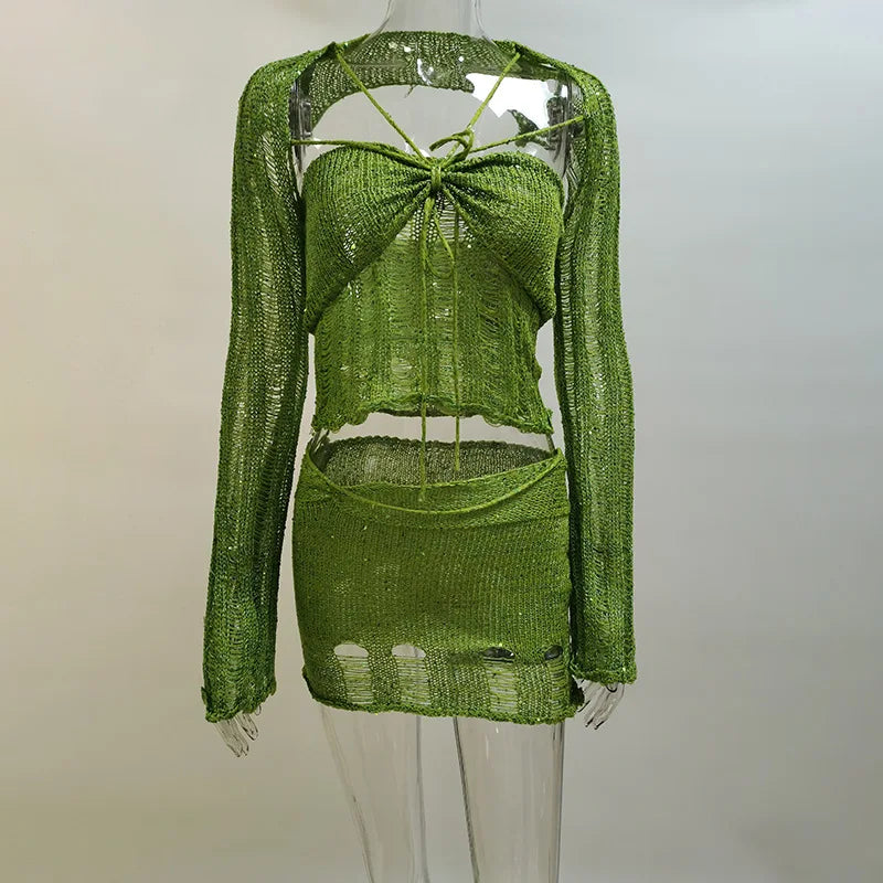 Sexy Sequined Knitted Sweater Party Dresses 3 Piece Skirt Sets Womens Outfits Flare Long Sleeve See Through Clue Wear Dress