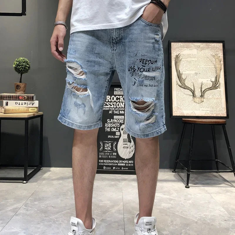 Summer 2025 Light Blue Ripped Cat Whisker Patch Letter Print Slim Denim Shorts Teenagers Jeans Boys and Girls Cowboy Short Pants