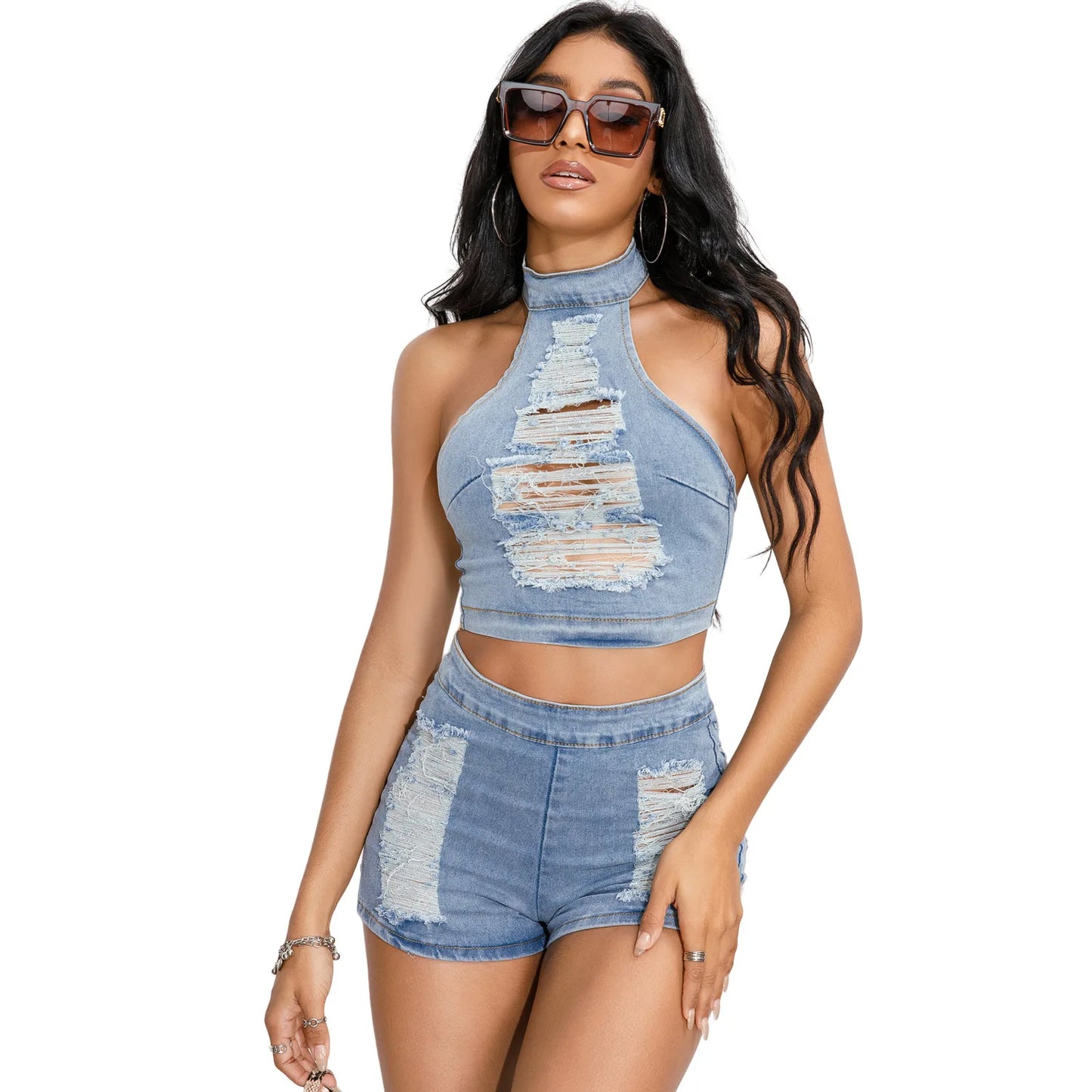 Y2k New Fashion Street Style Stretchy Sexy Ripped Bodice Denim Tops And Denim Shorts Jeans 2PCS Set Women's Clothing Plus Size
