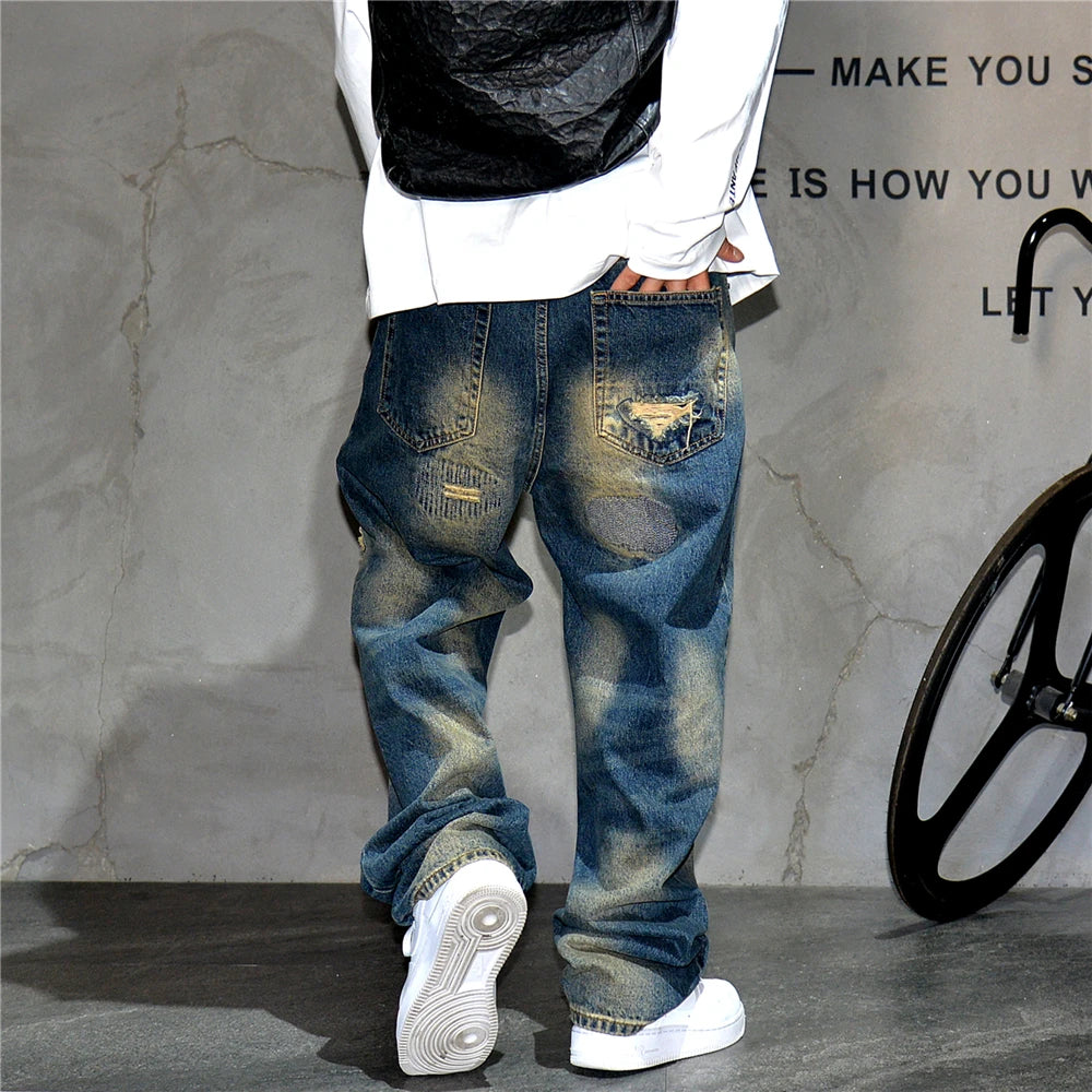American Streetwear Ripped Patch Jeans Hip Hop Baggy Jeans Mens Clothing Vintage Denim Cargo Pants Japanese Harajuku Trousers