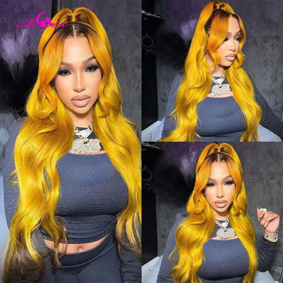 Yellow With Black Root Body Wave Human Hair Wig Pre-Plucked 13x4 13x6 Lace Frontal Human Hair Wig For Black Woman 180 Density