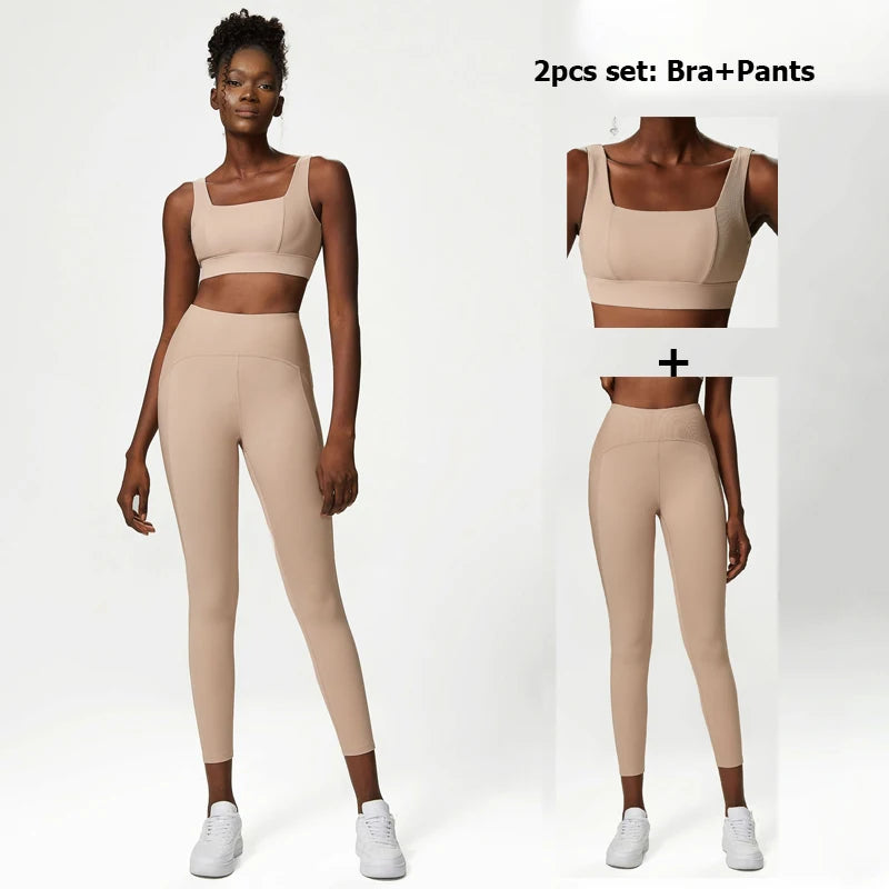 2/3 Pieces Fitness Yoga Set Women Solid Color Stretch Athletic Suit Sexy Bra Zipper Jacket High Waist Leggings Female Sportswear