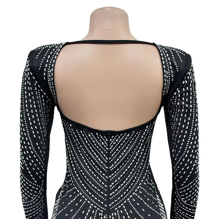 Solid Color Mesh Rhinestone Long Sleeve Backless Night Club Dress