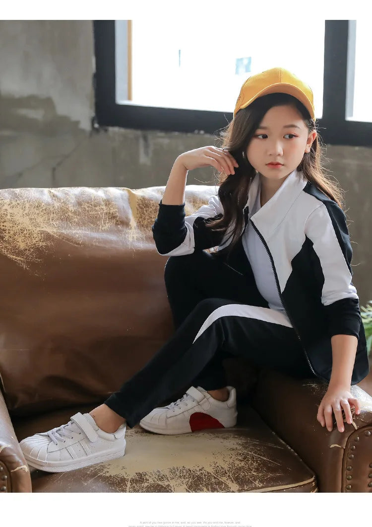 2025 New Spring Autumn Teen Girls Clothing Sets Fashion Zipper Sweatshirt + Pants 2Pcs Outfits Kids Tracksuit 4 6 8 10 12 Years