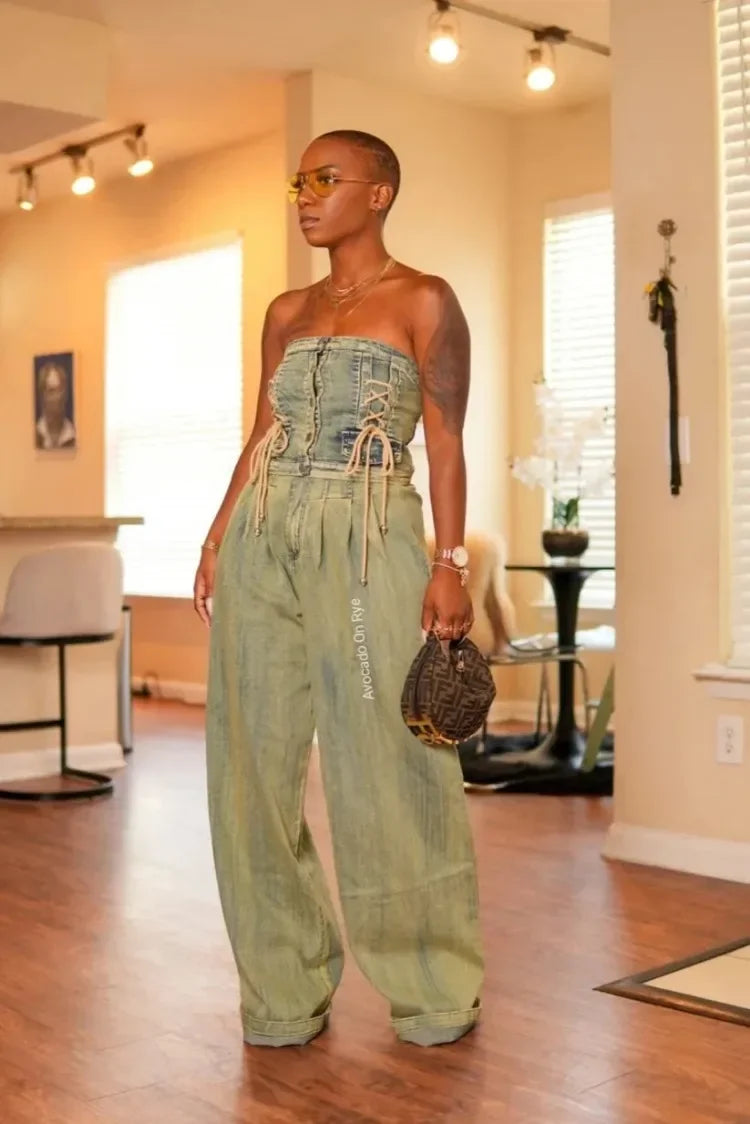 Leosoxs Denim Women's Set Sleeveless Strapless Top +Loose Jeans Pants 2024 Fall Lace Up Street Two 2 Piece Set Outfits Tracksuit