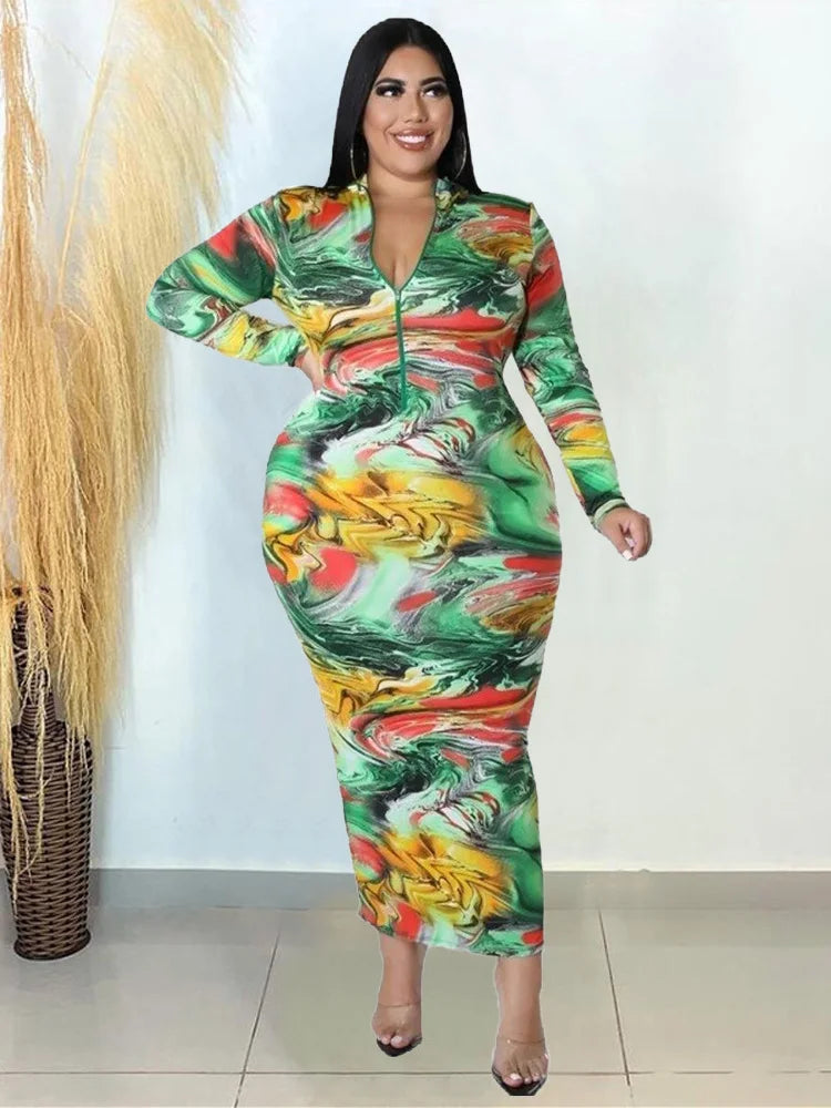 Wmstar Plus Size Dresses Tie Dye Bodycon Women Clothes Long Sleeve Zipper Back Casual Fashion Maxi Dress Wholesale Dropshipping