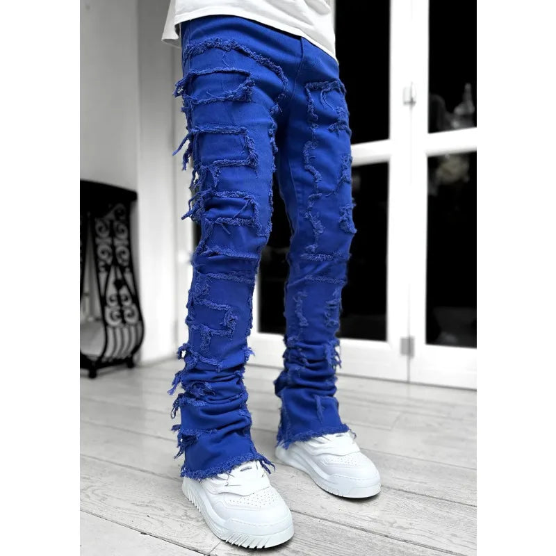 2024 Spring Summer New Men's Clothing Fashion Solid Color Elastic Patch Denim Straight-Leg Pants Jeans