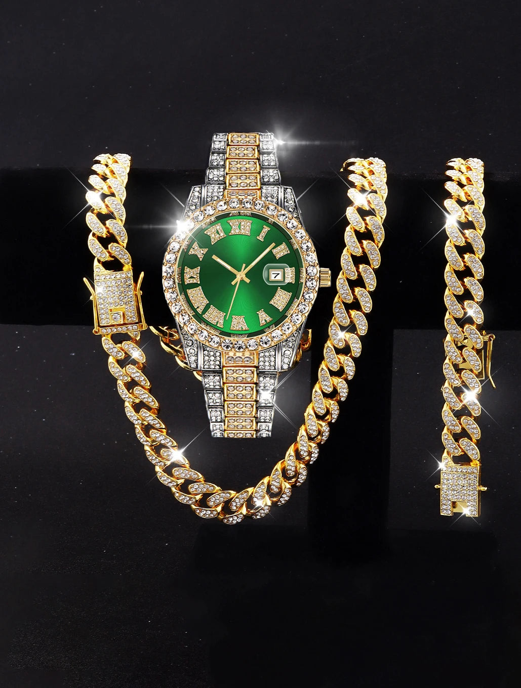 3PCS Luxury Watch With Calendar And Hip Hop Cuban Necklace bracelet set