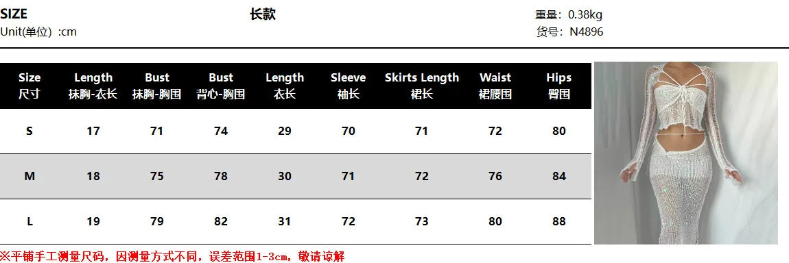 Sexy Sequined Knitted Sweater Party Dresses 3 Piece Skirt Sets Womens Outfits Flare Long Sleeve See Through Clue Wear Dress