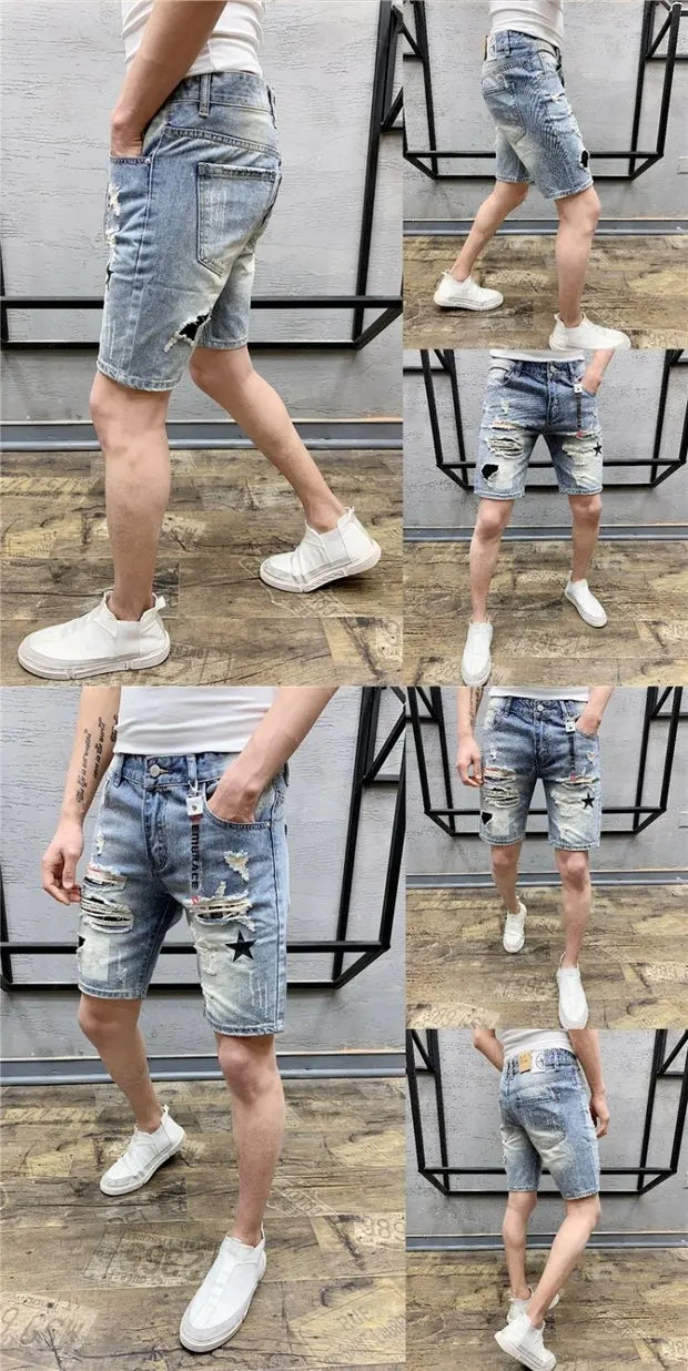 Summer 2025 Light Blue Ripped Cat Whisker Patch Letter Print Slim Denim Shorts Teenagers Jeans Boys and Girls Cowboy Short Pants