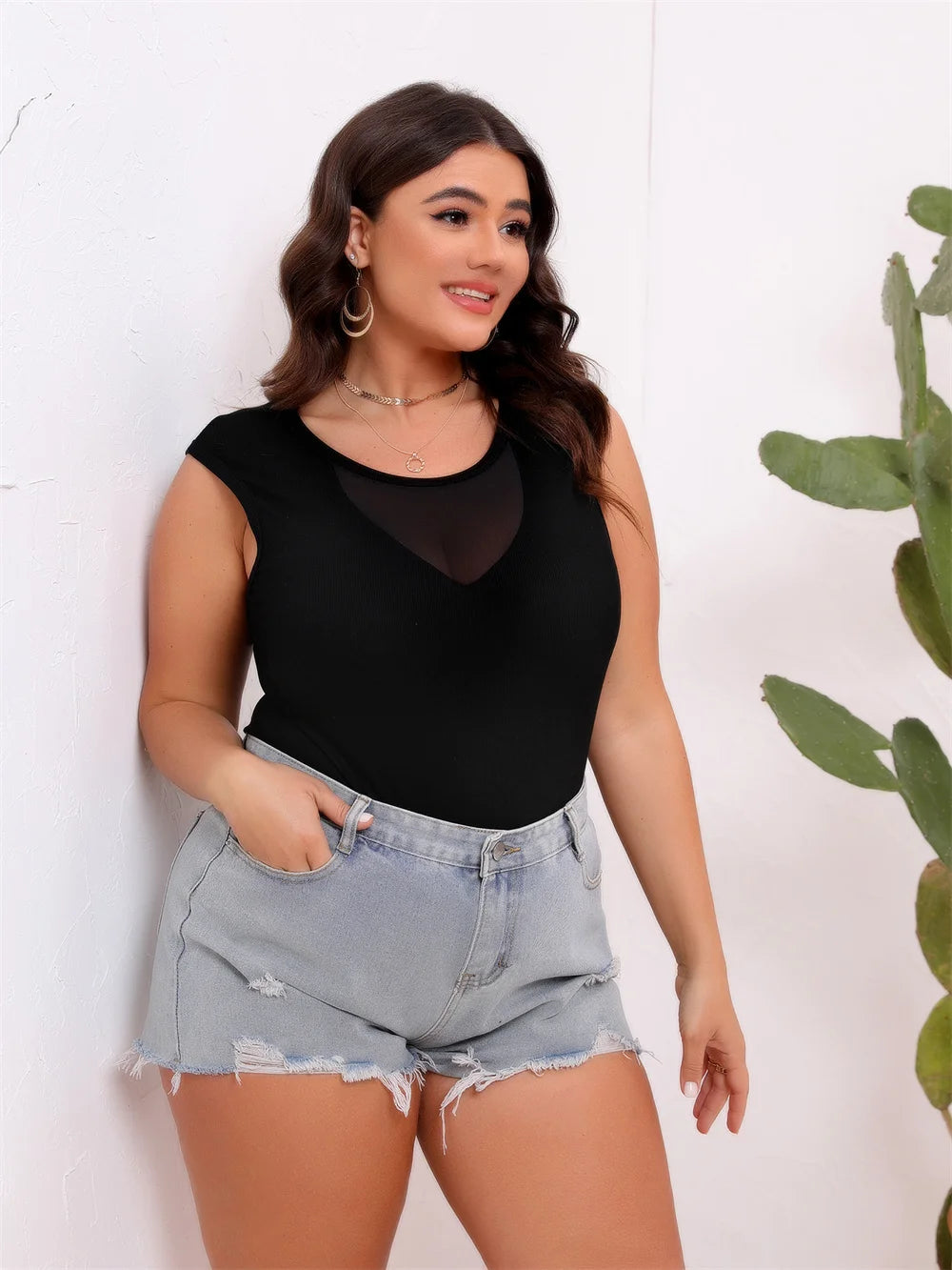 GIBSIE Plus Size Women's Front Chest Elastic Mesh Splicing Tops Black Elegant Round Neck Sleeveless T-Shirt 2024 Summer New