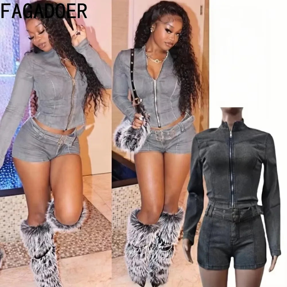FAGADOER Sexy Denim Two Piece Set for Women Y2k Streetwear Zip Stretchy Long Sleeves Slim Crop Jackets And Shorts Suits 2025 New