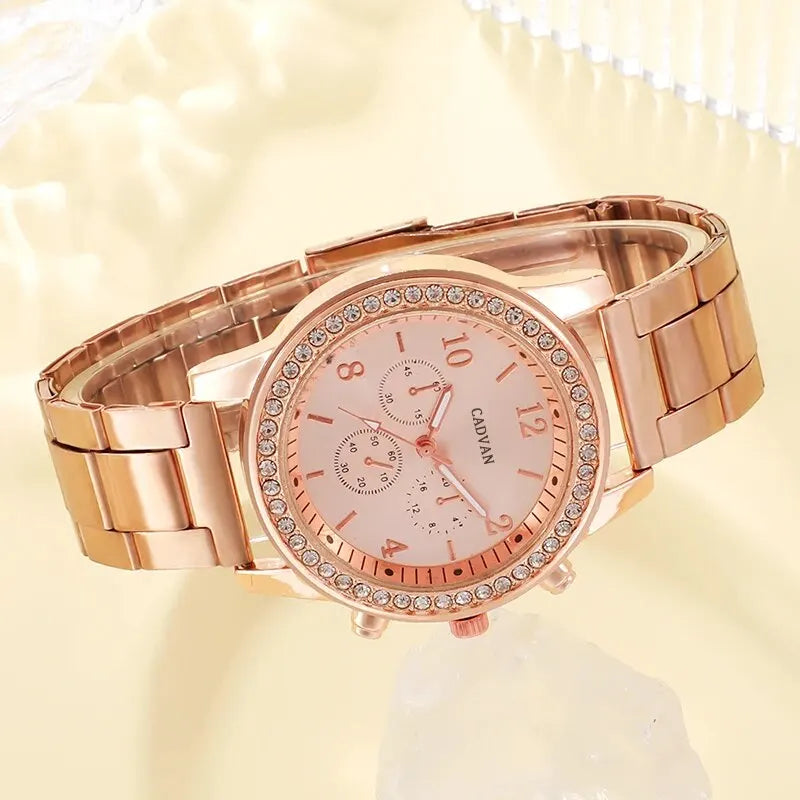 6PCS Luxury Watch Ring Necklace Earring Bracelet Watches Rhinestone Set