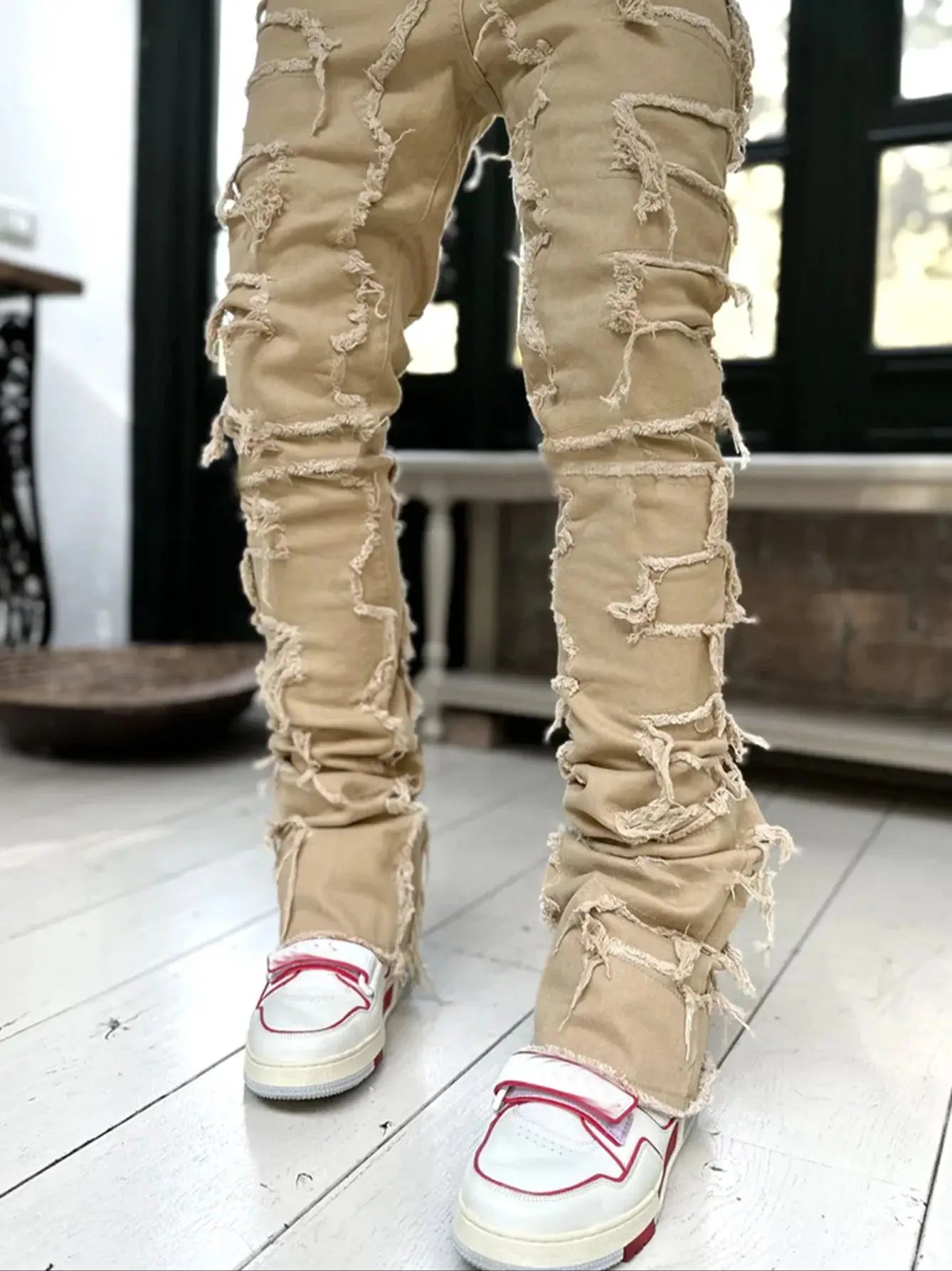 2024 New Premium Vintage Blue Stacked Jeans For Men Stretchy Raw Frayed Denim Destroyed Washed Patchworks Pants