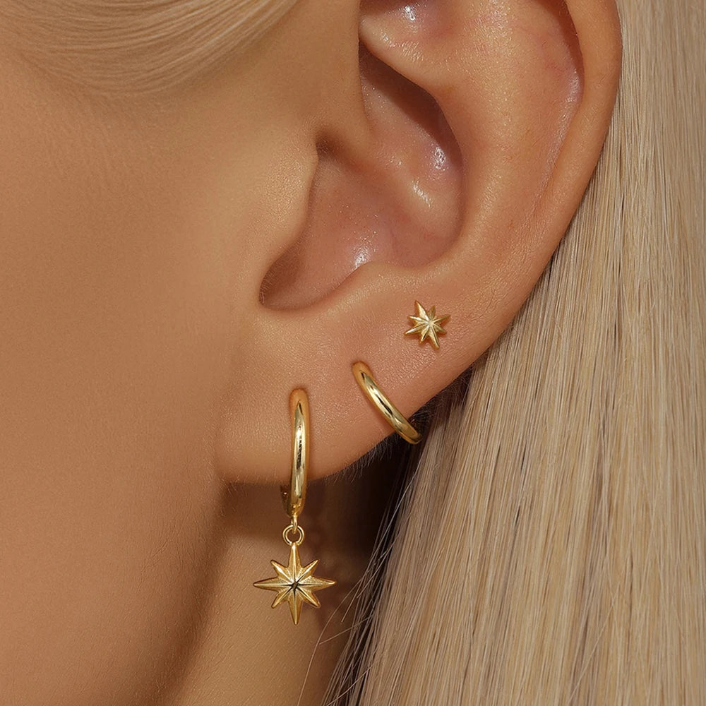 Stainless Steel Round Star Drop Earrings