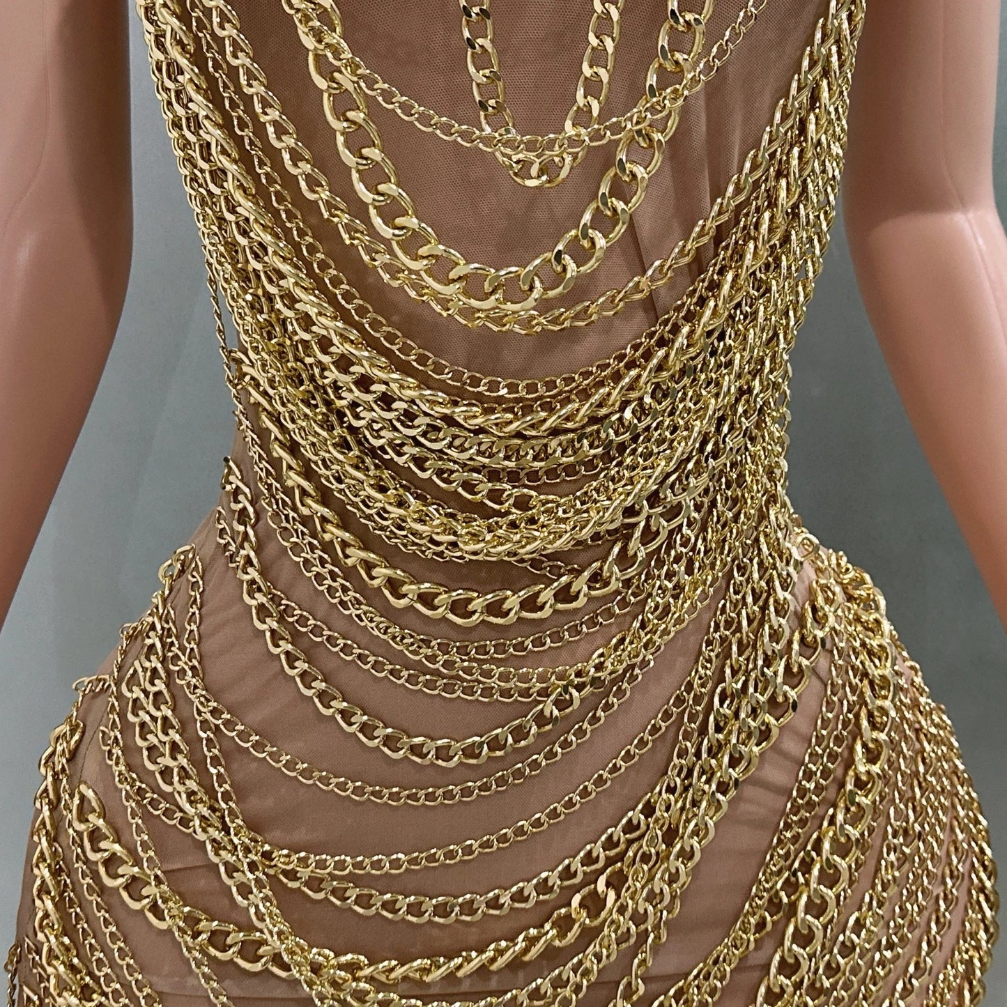 Gold Luxury Chains Khaki Sexy See-Through Sheath Mini Dress Evening Party Performance Costume Bar Nightclub Singer Stage Wear