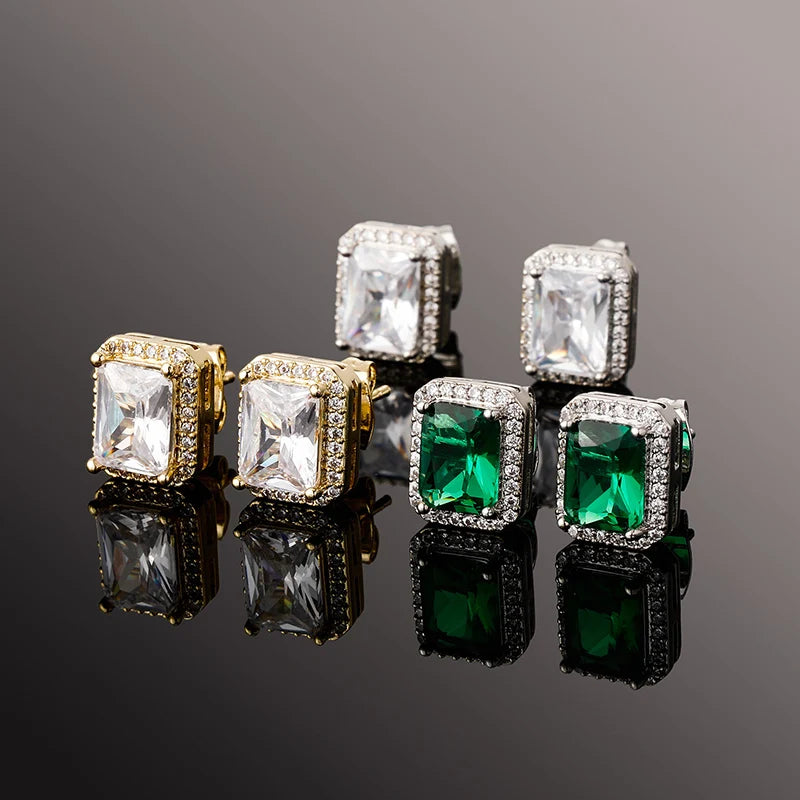 1 Pair Hip Hop 3A+ CZ Stone Pave Bling Ice Out Geometric Square Stud Earrings for Men Rapper Jewelry Gold Silver Color